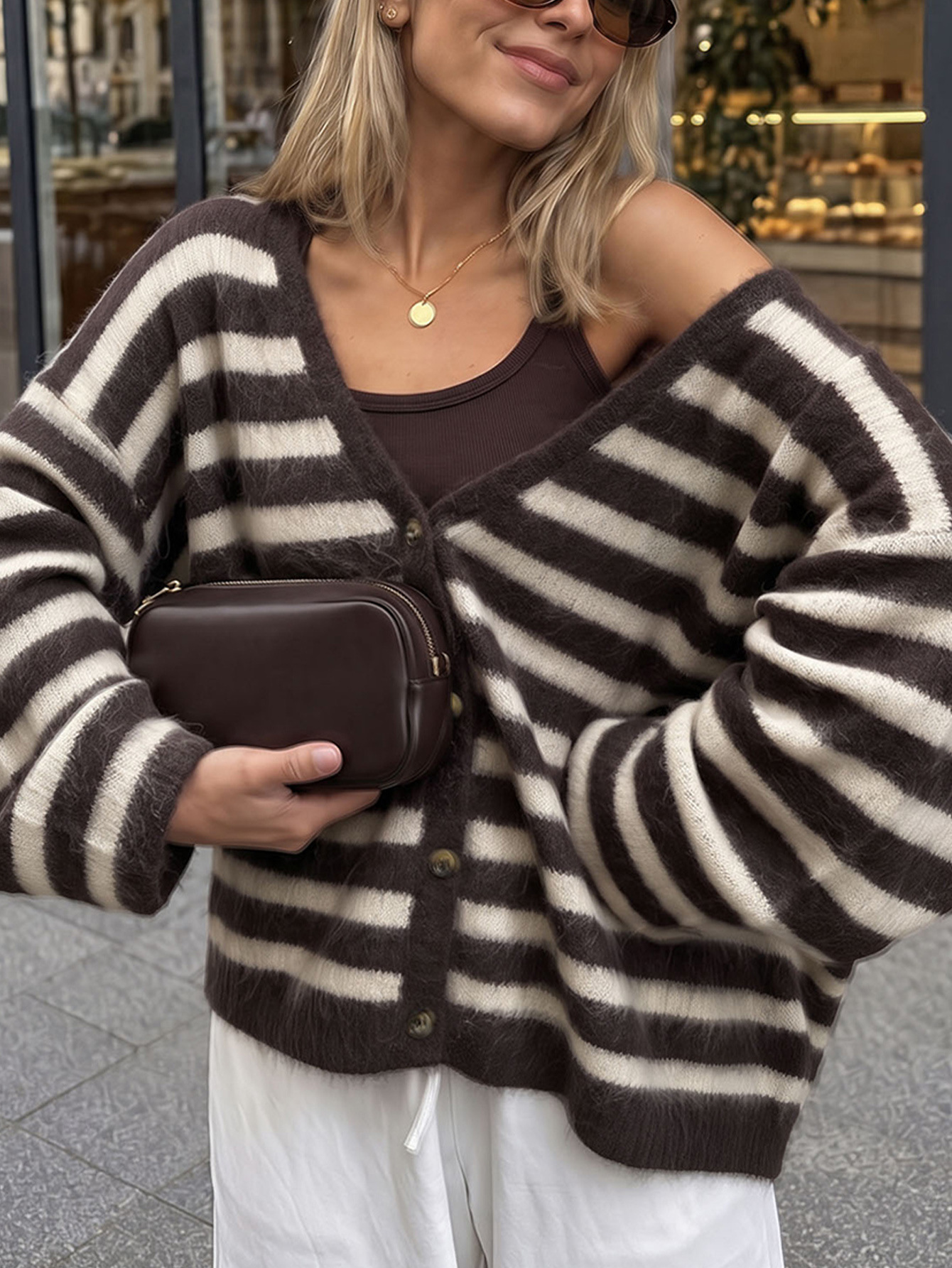 Striped Knit Cardigan Loose Fit Retro Crew Neck Long Sleeve