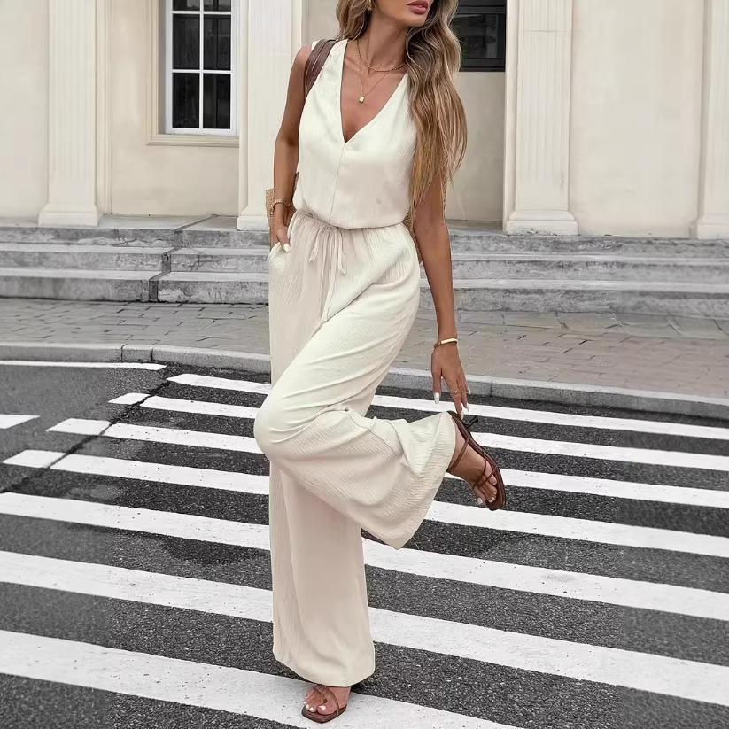 Women's V-Neck Sleeveless Tie-Waist Long Pants Casual Set