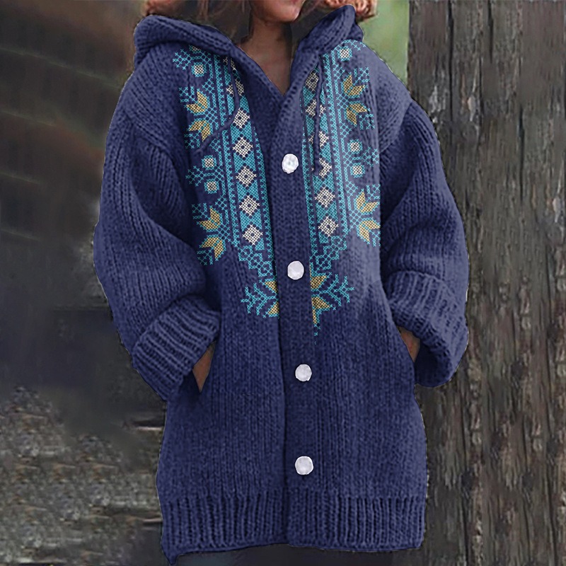Women's Floral Leaf Print Hooded Button Cardigan Sweater