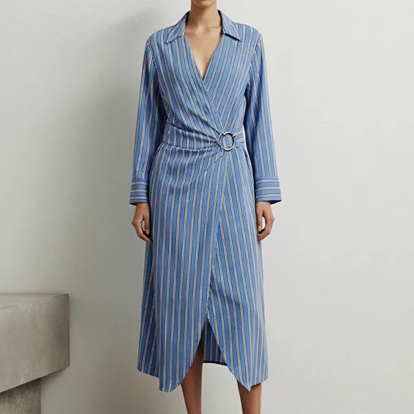 Striped Tie-Waist Long-Sleeve Midi Shirt Dress