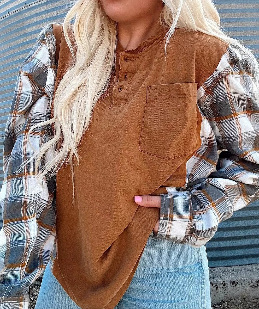 Women's Casual Half-Open Collar Plaid Spliced Sweatshirt