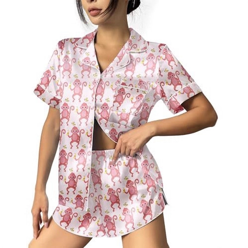 Women's Cuban Collar Leopard Tree Floral Monkey Print Short Sleeve Set