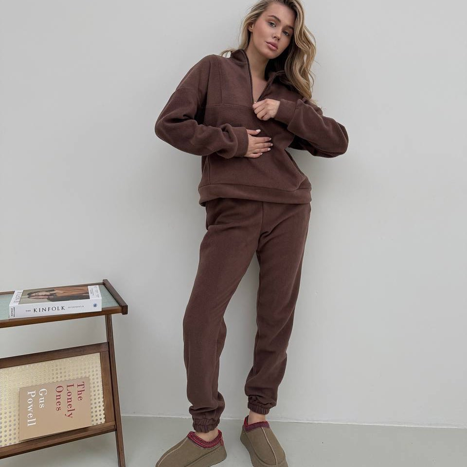 Women's Fleece Two-Piece Set Long Sleeve Zip Neck Pullover & Elastic Waist Pants