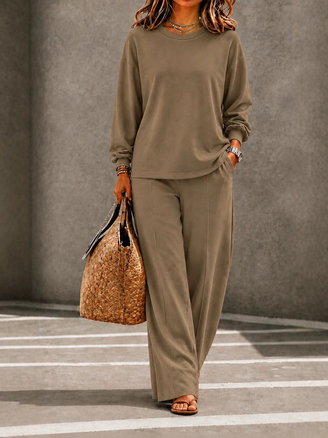 Women's Knit Crewneck Long-Sleeve Top & Wide-Leg Pants Set
