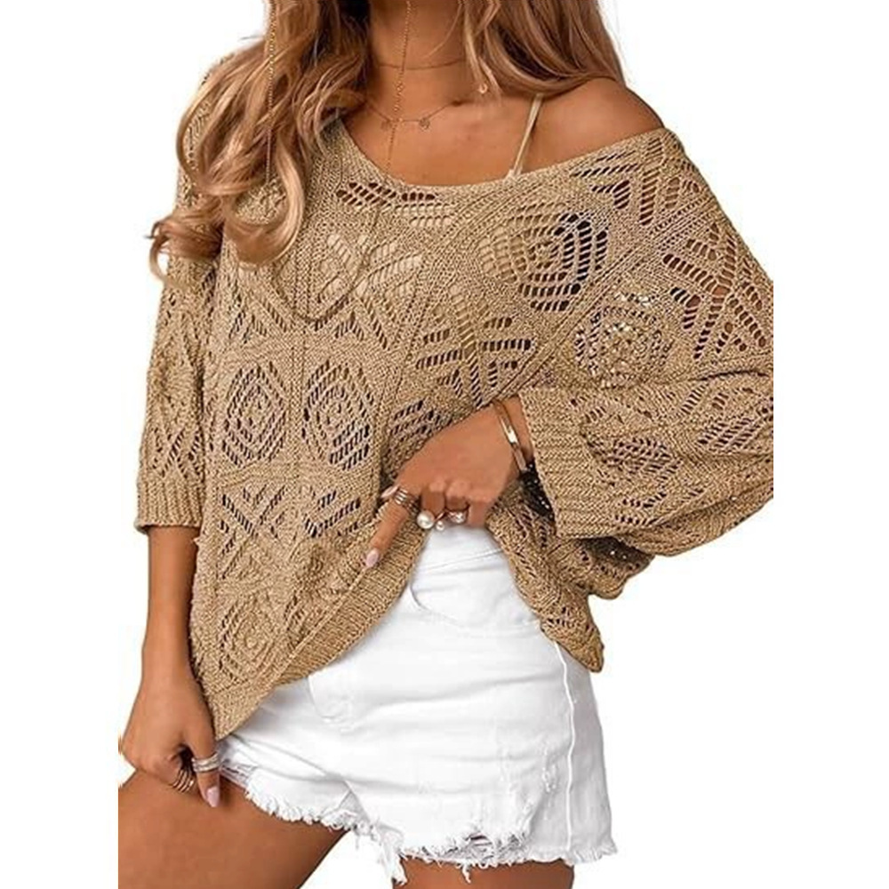 V-Neck Diamond Crochet Hollow-Out Knit Top with Dolman Sleeves