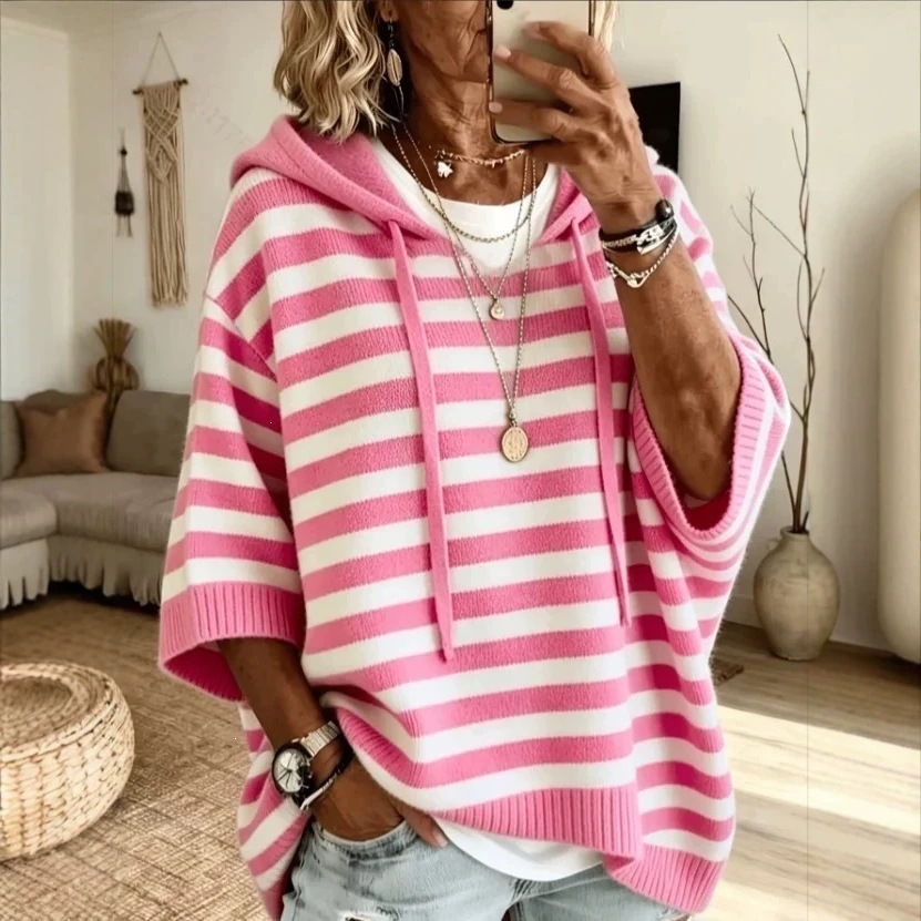 Striped Hooded Drawstring Sweater Loose Knit Pullover