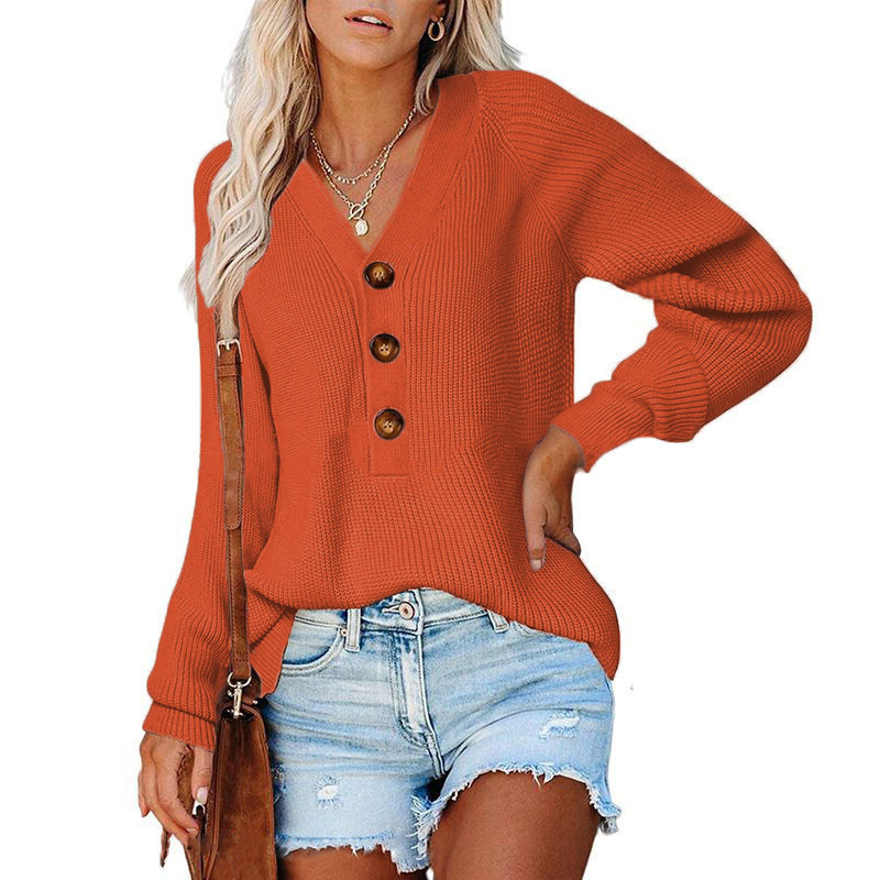 Button-Front V-Neck Knit Sweater for Women, Cotton Blend, Loose Fit, Long Sleeve