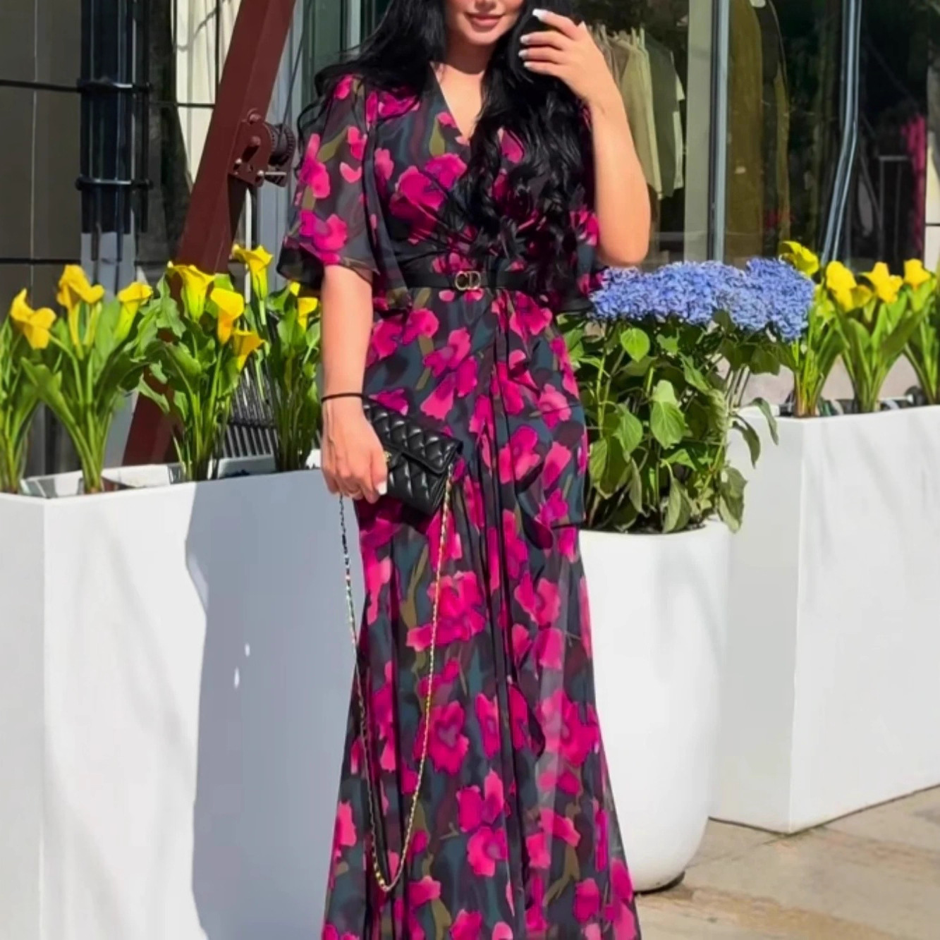 Women's Floral Print Asymmetrical Long Dress with V-Neck and Ruffle Sleeves