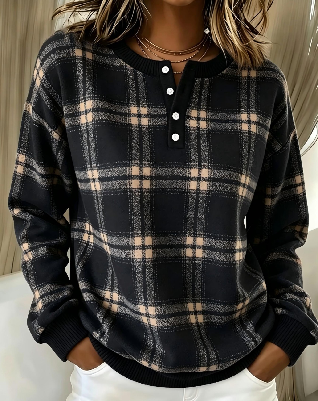 Women's Retro Plaid Line Print Button Sweatshirt
