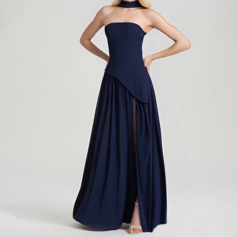 Elegant Slim-Fit Solid Color Waist-Cinched Split French Dress