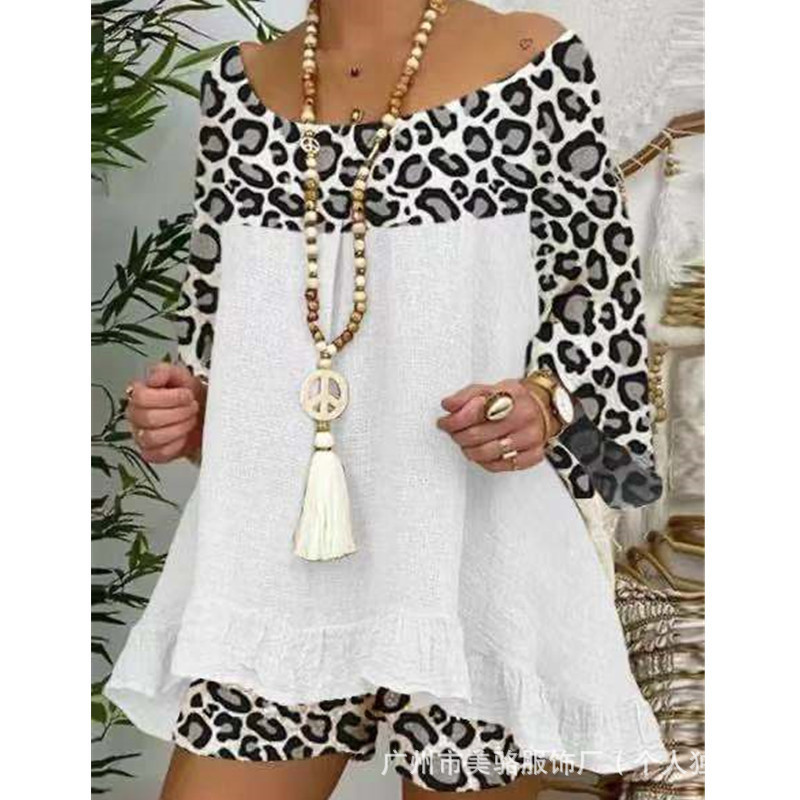 Leopard Print Patchwork Long Sleeve Shorts Set Casual Streetwear
