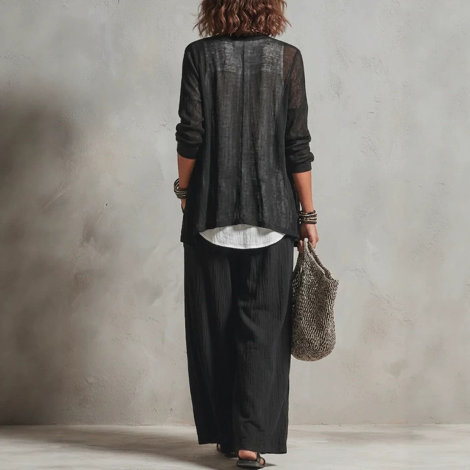 Minimalist Layered Vest Cardigan and Wide-Leg Pants Three-Piece Set