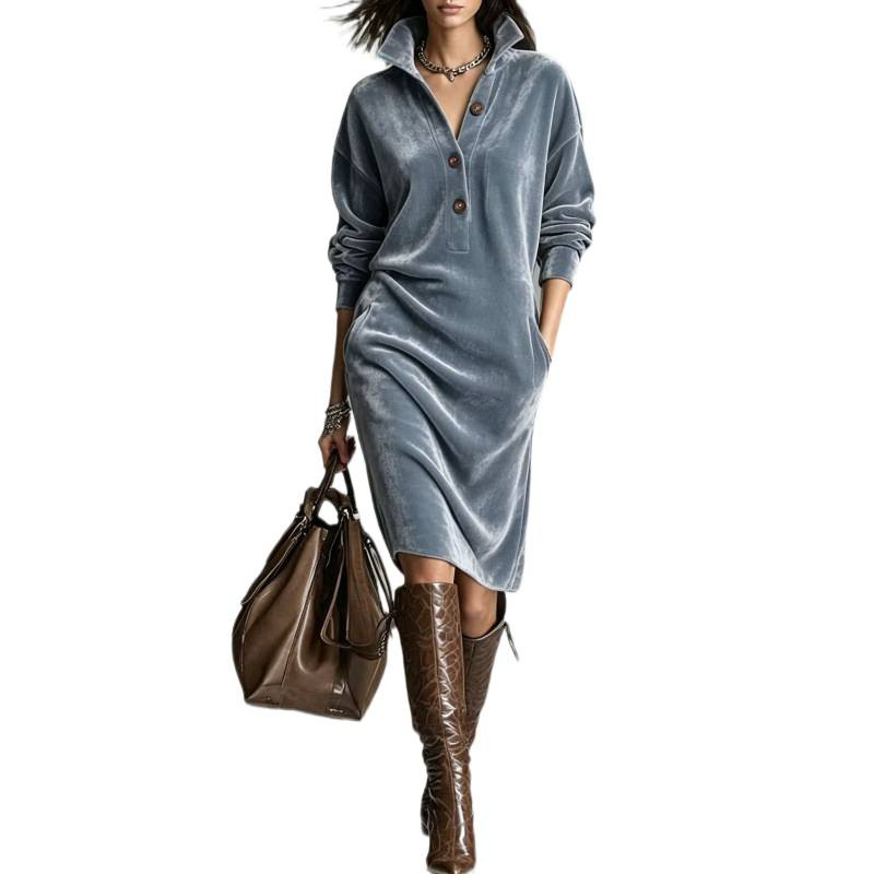 Elegant Western Velvet Button Pocket Dress