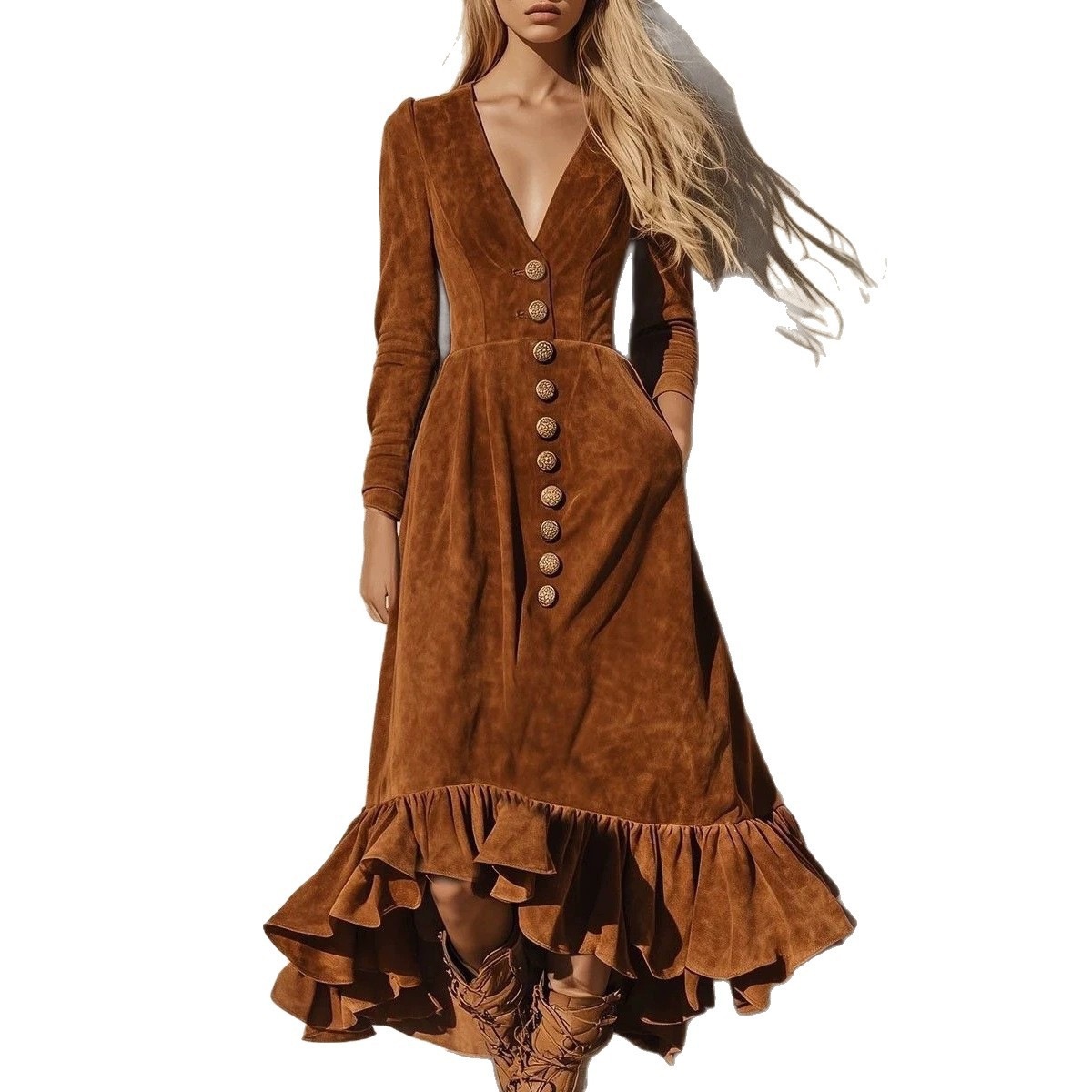 Western Vintage Velvet V-Neck Buttoned Waist Ruffle Maxi Dress