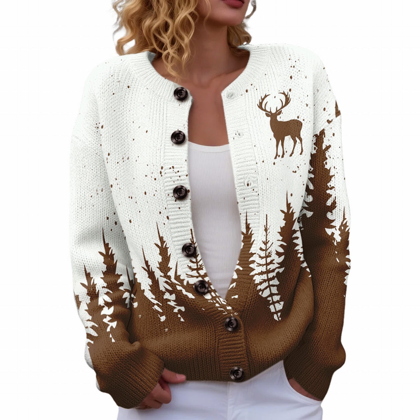 Women's Christmas Reindeer Forest Print Button Cardigan Sweater