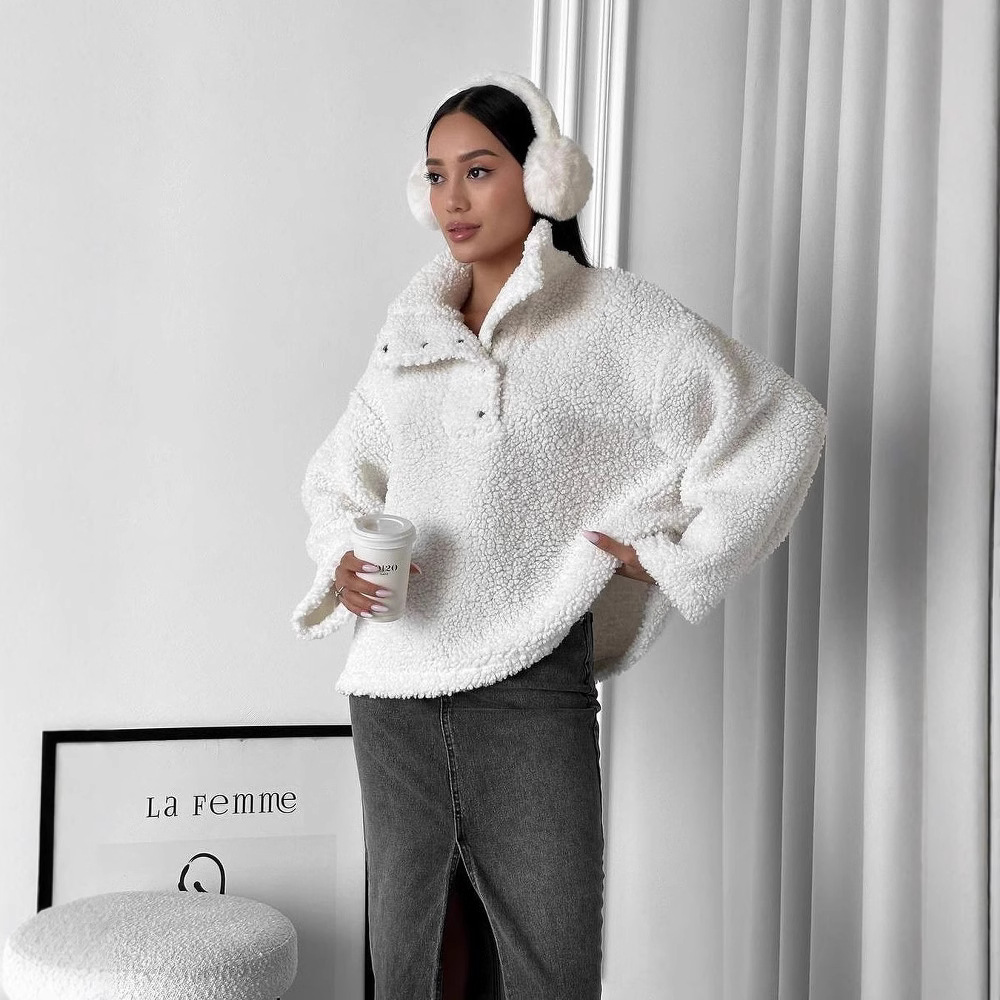 Faux Shearling Solid Color Pullover Hoodie with Scarf Neck