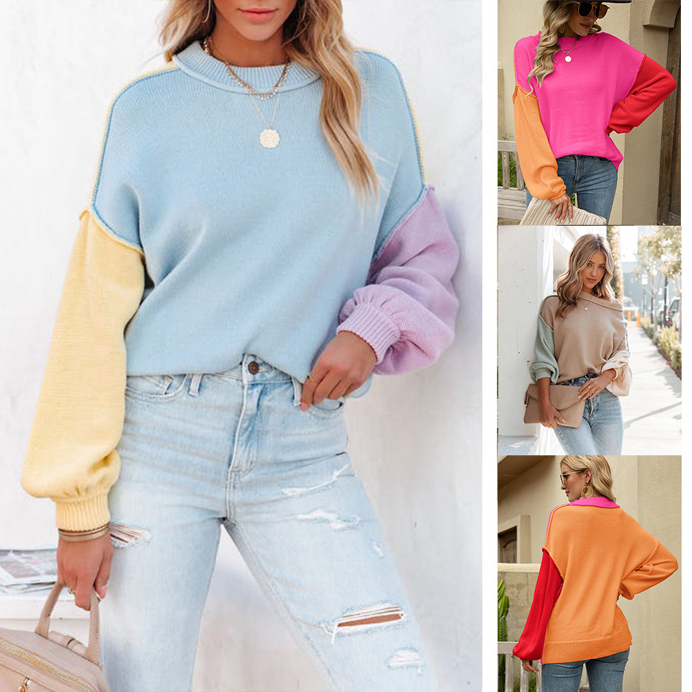 Women's Color-Block Knit Crewneck Pullover Sweater