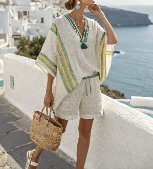 Printed V-Neck T-Shirt and Shorts Set with Faux Linen Look, Relaxed Fit