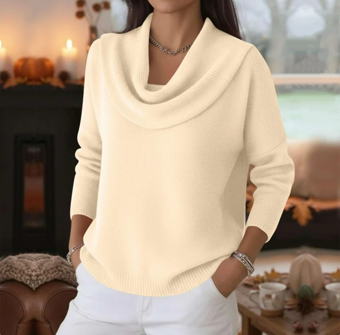 Women's Solid Color Long Sleeve Cowl Neck Knit Pullover Sweater