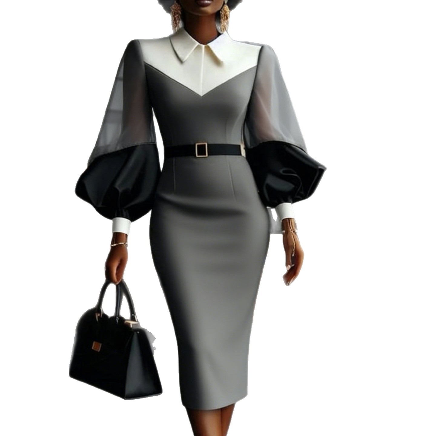 Gray Knit Long Sleeve Midi Dress with Belt