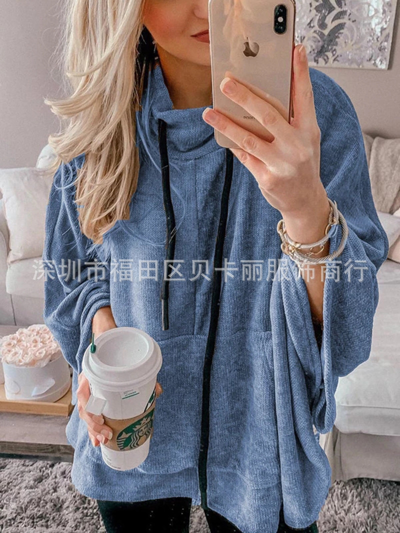 Women's High-Neck Batwing Sleeve Pullover Hoodie