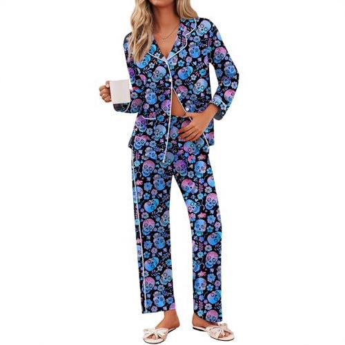 Women's Cuban Collar Plaid Skull Print Long Sleeve Top Set