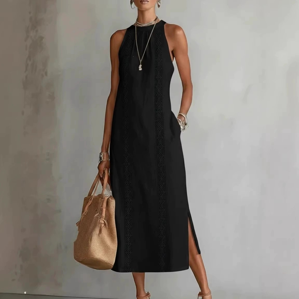 Women's Solid Color Sleeveless Round Neck Long Dress
