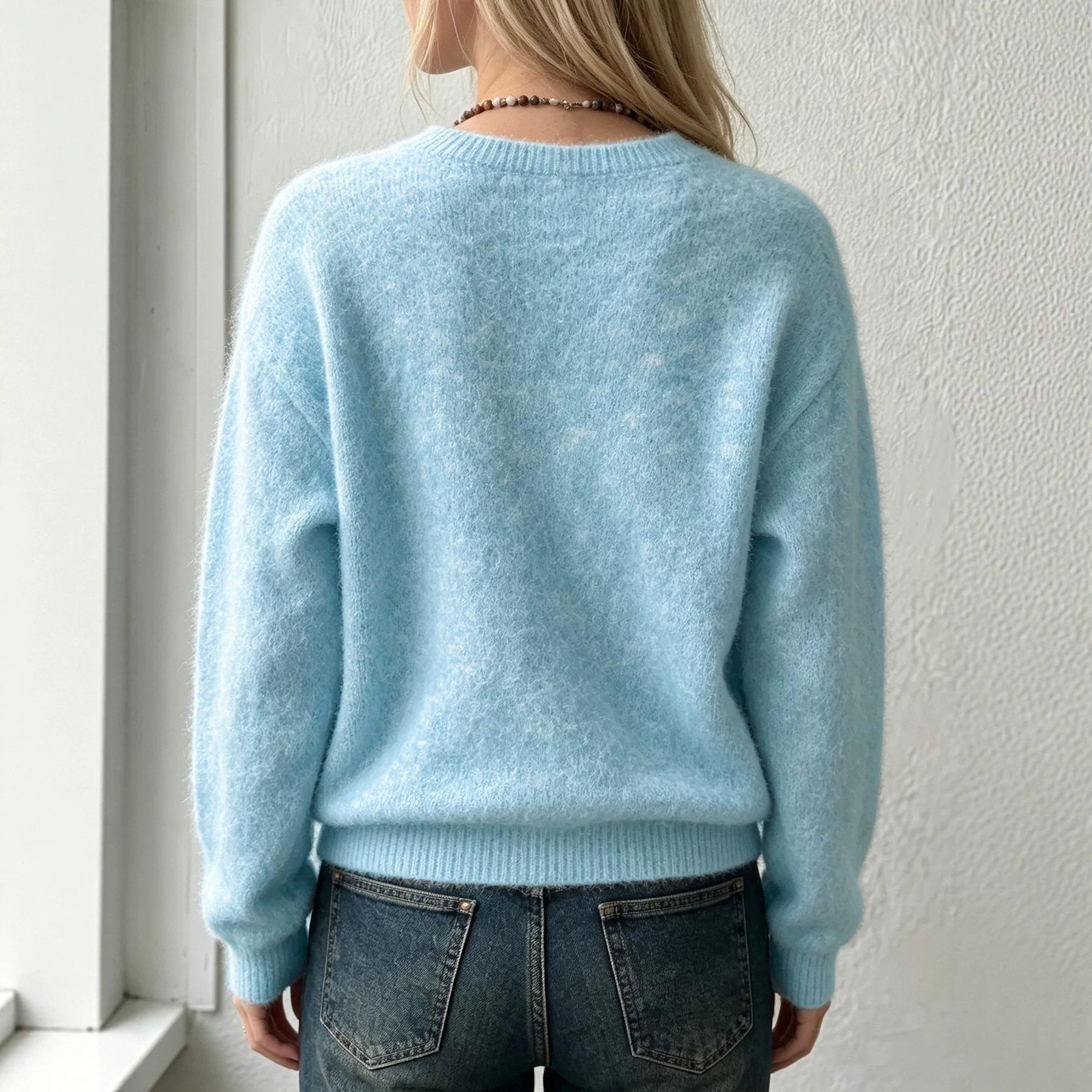 Women's V-Neck Wool Blend Knit Sweater Soft Solid Color Pullover