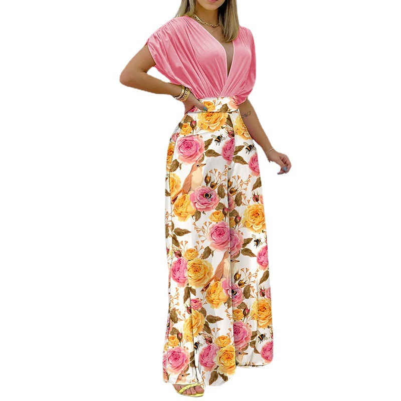 Floral Print Batwing Sleeve Short Sleeve Top and Pants Set