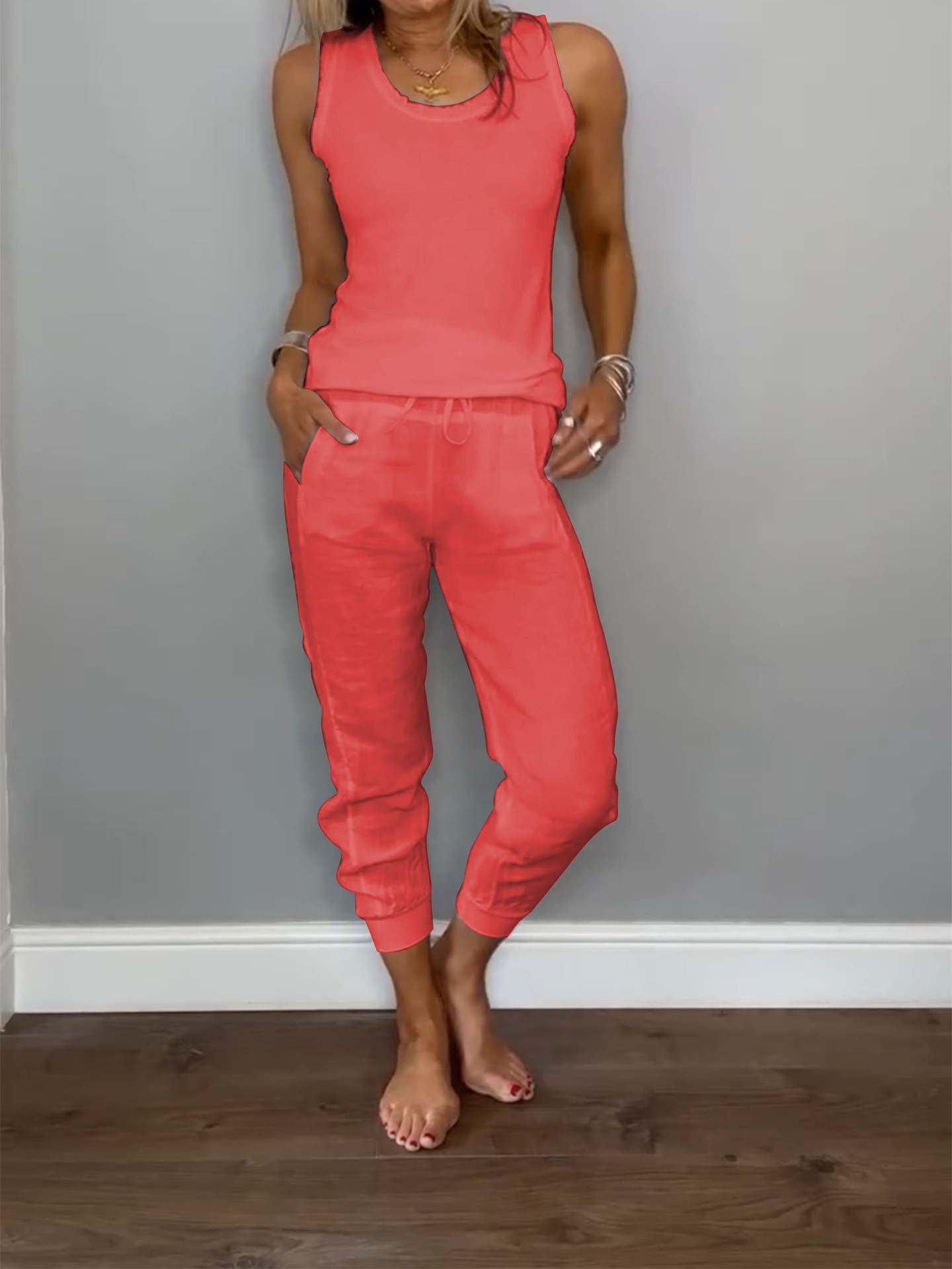 Cotton-Linen Tank Top and Drawstring Pants Set