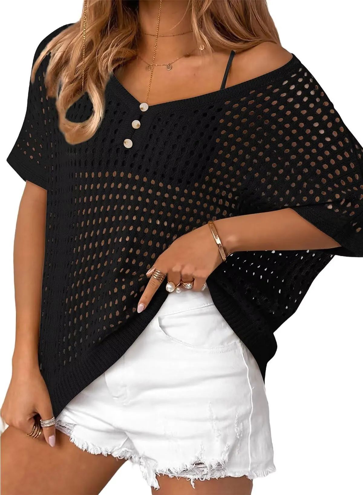 Women's V-Neck Short Sleeve Button Crochet Hollow Knit Top Beach Cover-Up