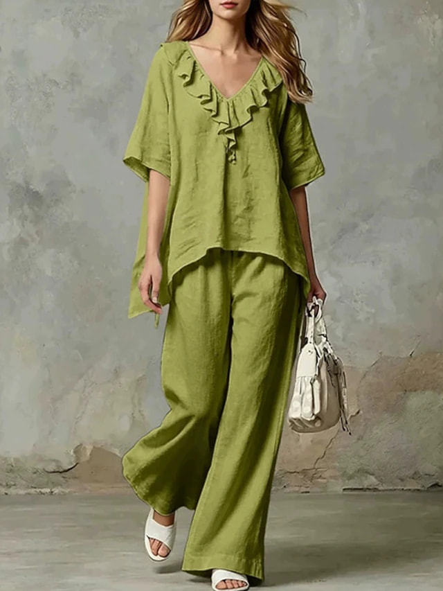 Women's V-Neck Loose Cotton Blend T-Shirt and Pants Set Casual Two-Piece Outfit