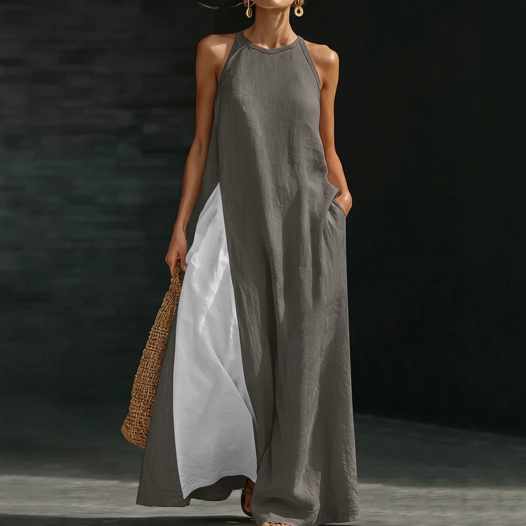 Color-Block Sleeveless Off-Shoulder A-Line Maxi Dress with Pockets