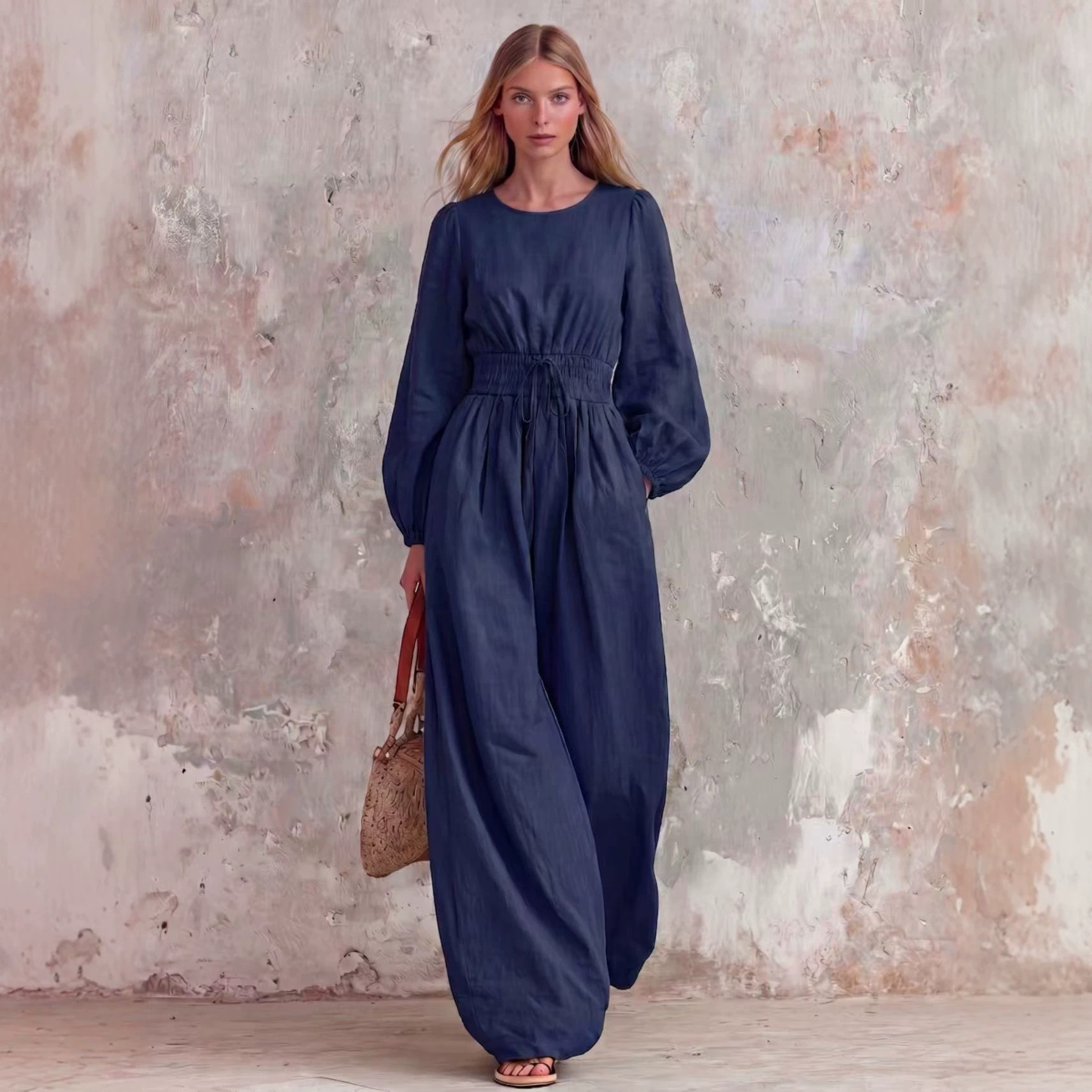 Women's Casual Vintage Solid Color Waist-Defining Smocked Jumpsuit