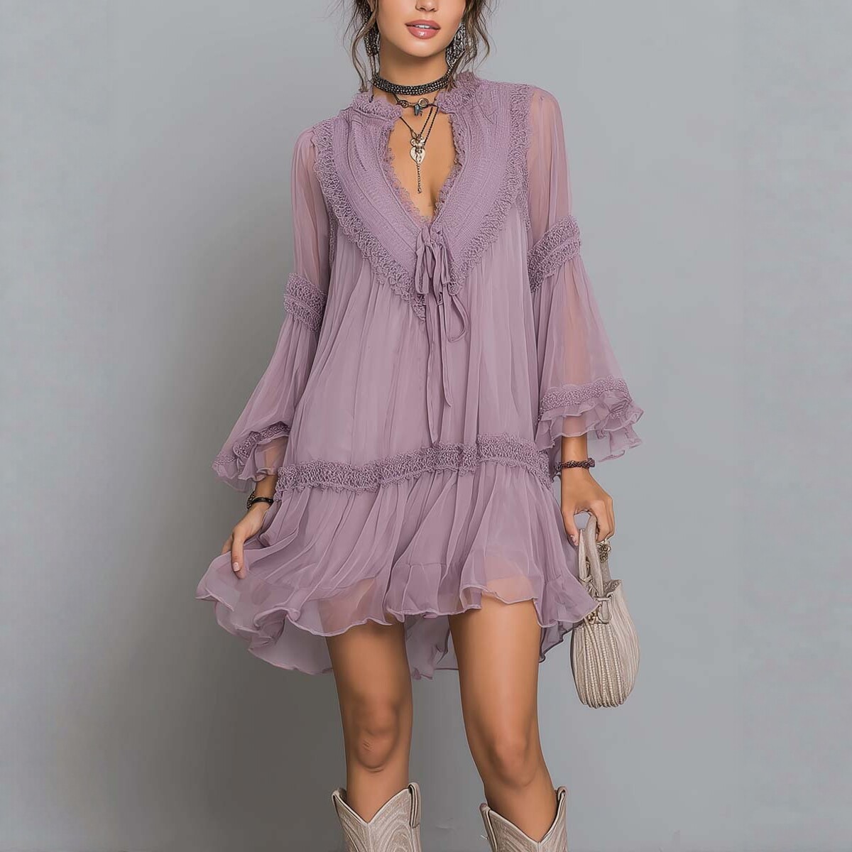 Purple Tie-Front Ruffle Chiffon Dress
