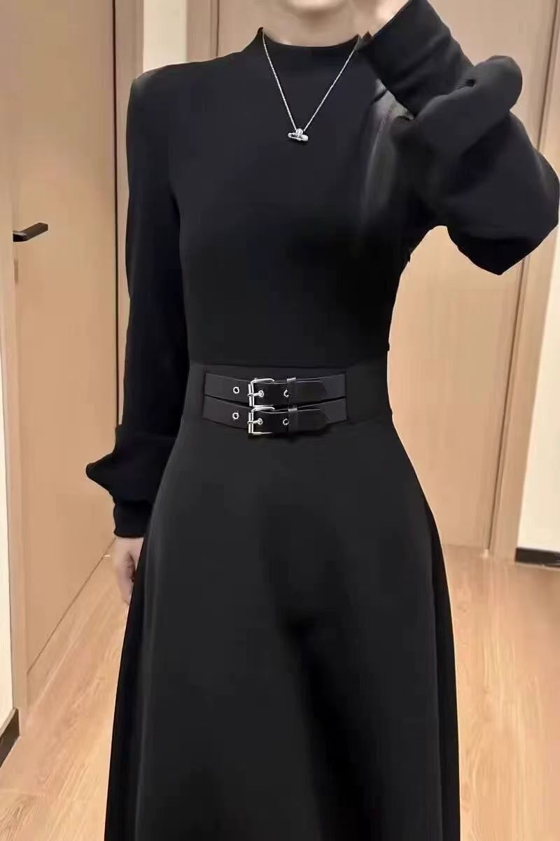 French Hepburn Style Cinched Waist Long Sleeve Black Dress