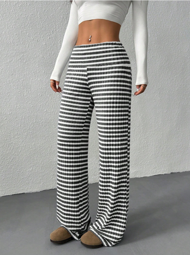 Women's Striped Solid Knit Straight-Leg Pants Casual Loose Fit