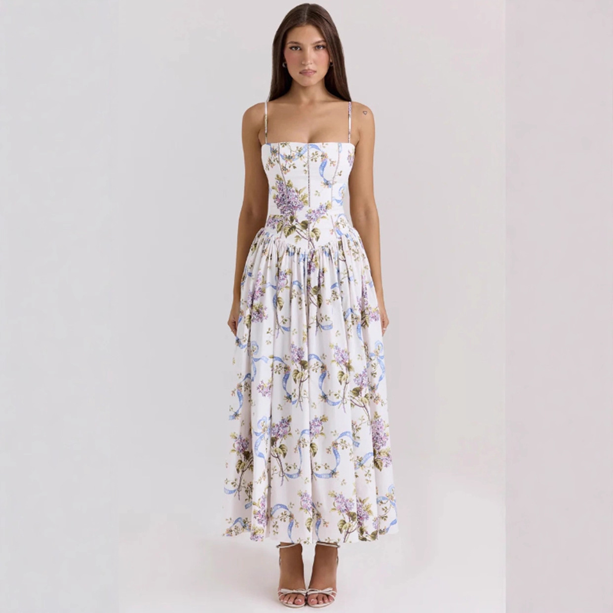 Floral Sleeveless Slip Dress Slimming Elegant Midi Dress for Women