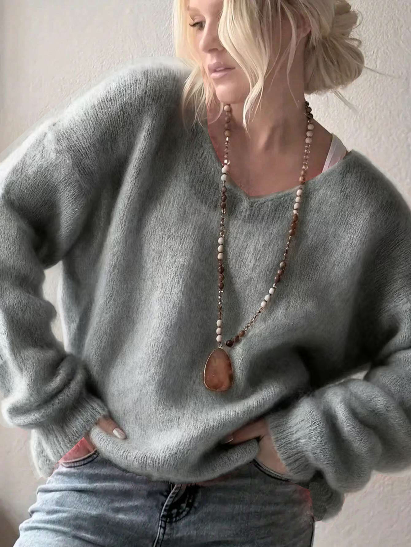 Soft V-Neck Pullover Sweater for Women Solid Color Knit Top