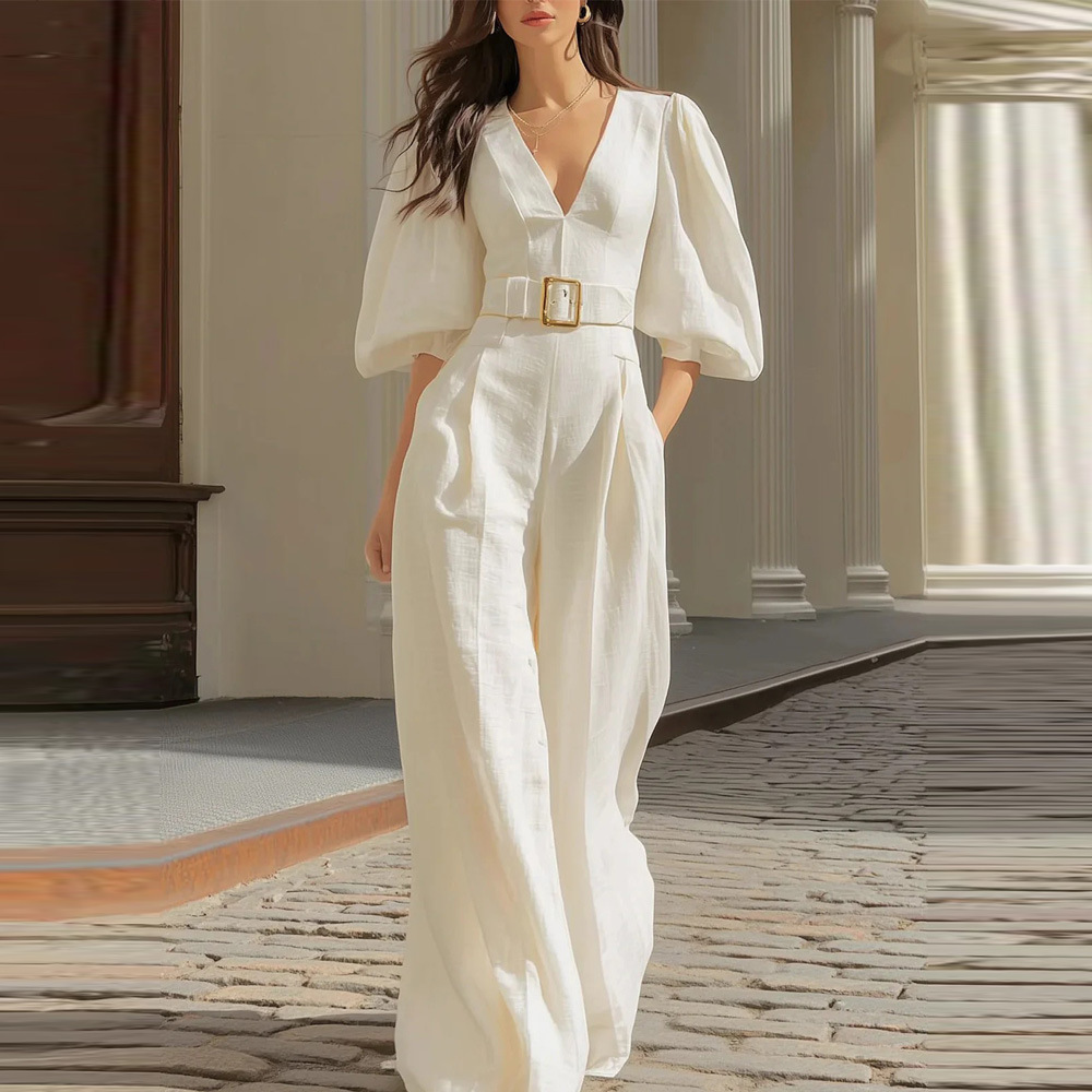 Women's Casual Solid Deep V-Neck Loose Jumpsuit
