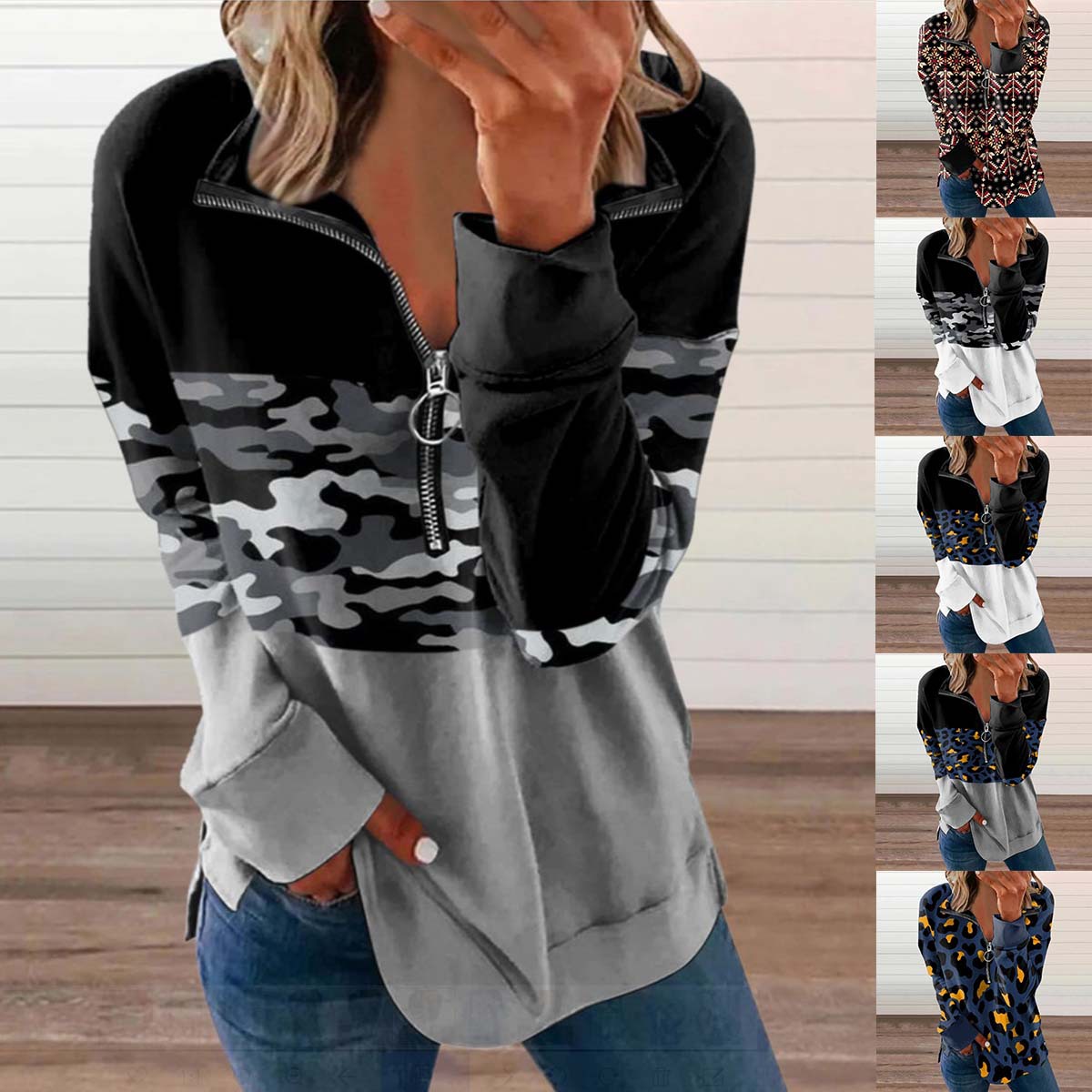 Women's Loose Fit Zip-Up Long Sleeve Printed Casual Top