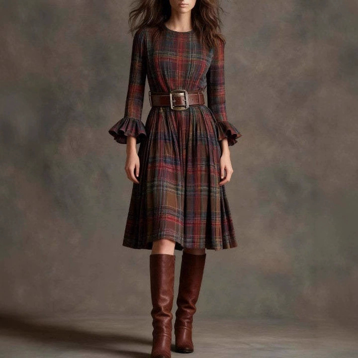 French Vintage Plaid Flare-Sleeve Midi Dress