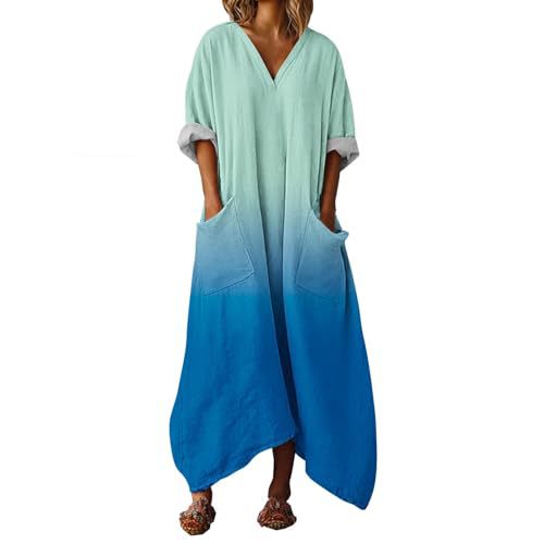 Women's Colorful Gradient A-Line Midi Dress with Deep V-Neck and Long Sleeves