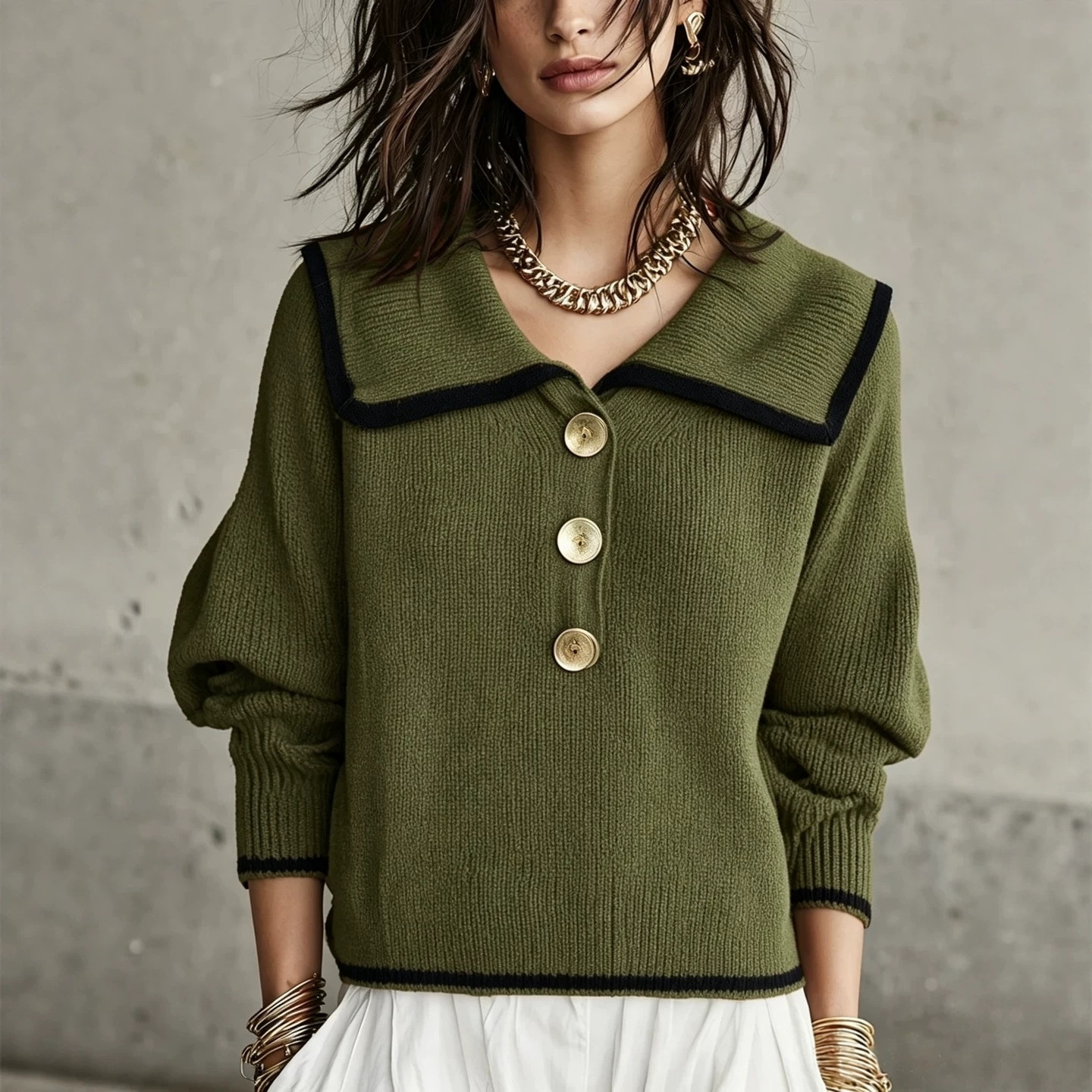 Retro Colorblock Oversized Collar Knit Sweater Loose Long Sleeve Top