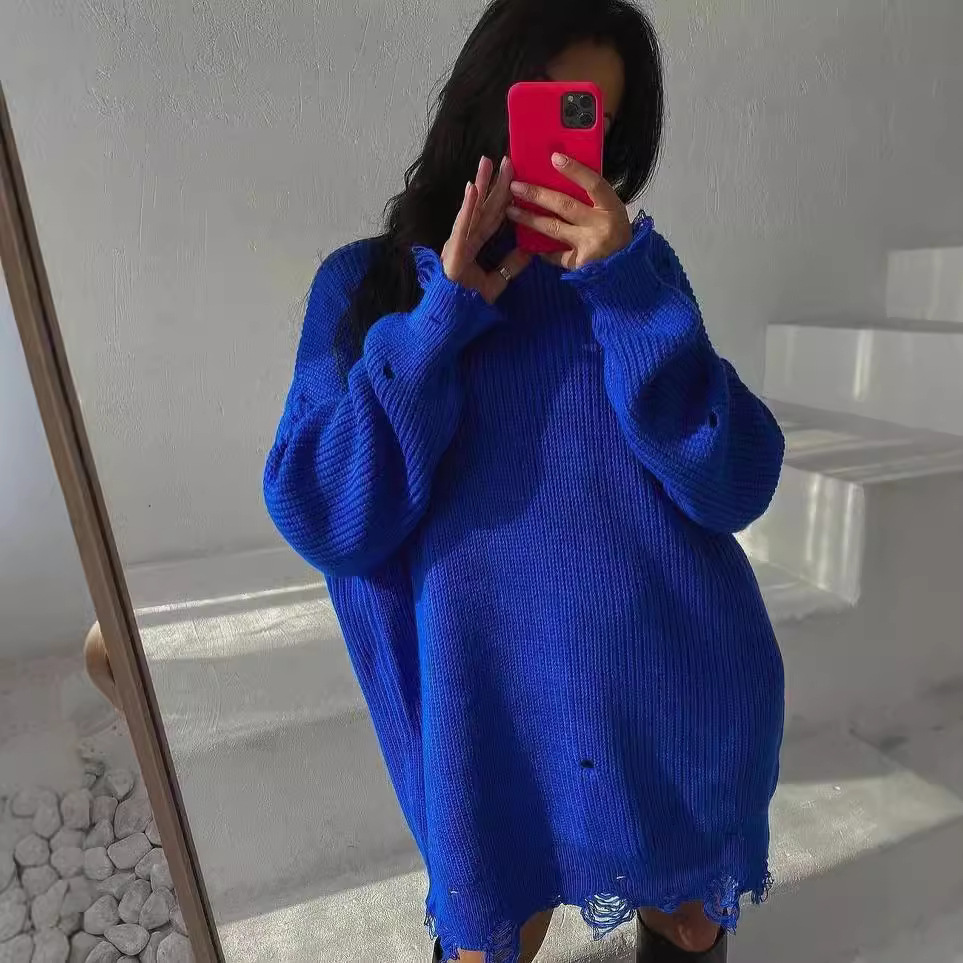 Distressed Knit Crewneck Loose Midi Long-Sleeve Sweater