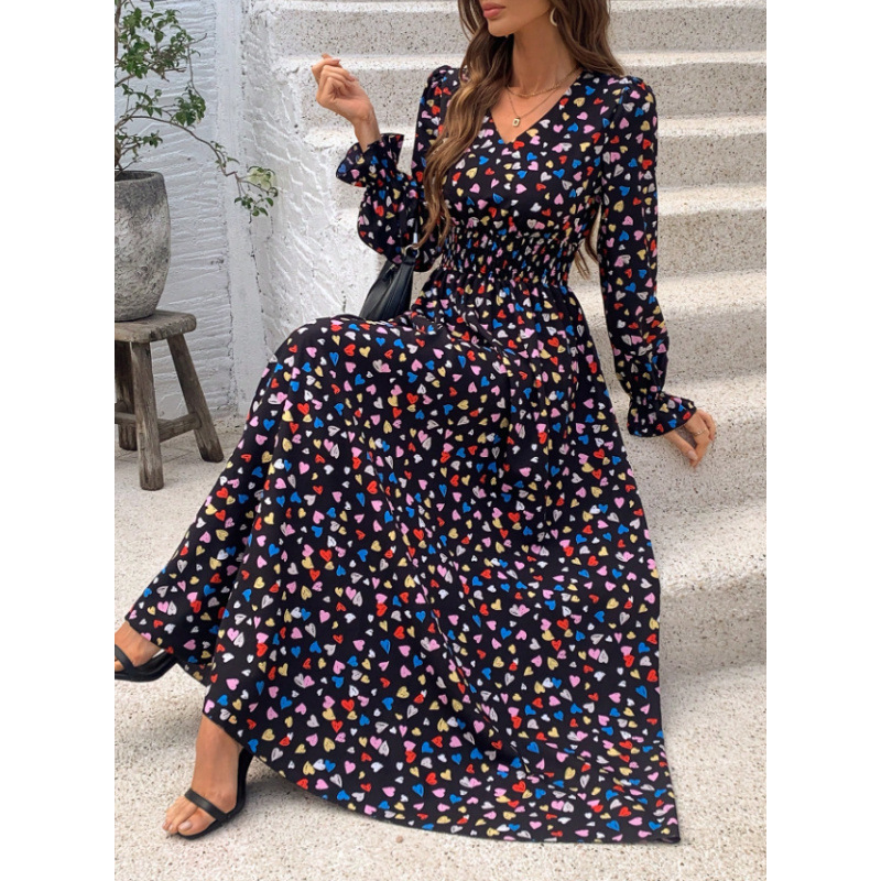 Printed Long-Sleeve High-Neck Midi Dress