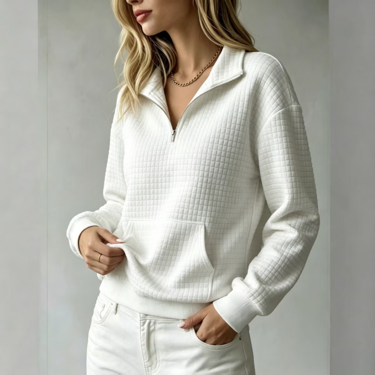 Women's Loose Kangaroo Pocket Solid Color Stand Collar Zip-Up Long Sleeve Sweatshirt