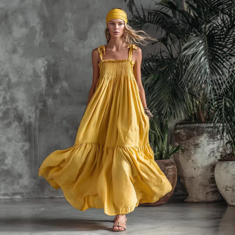 Boho Yellow Long Sleeveless Pleated Dress