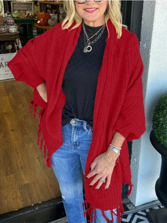 Women's Solid Knit Fringe Shawl Cardigan