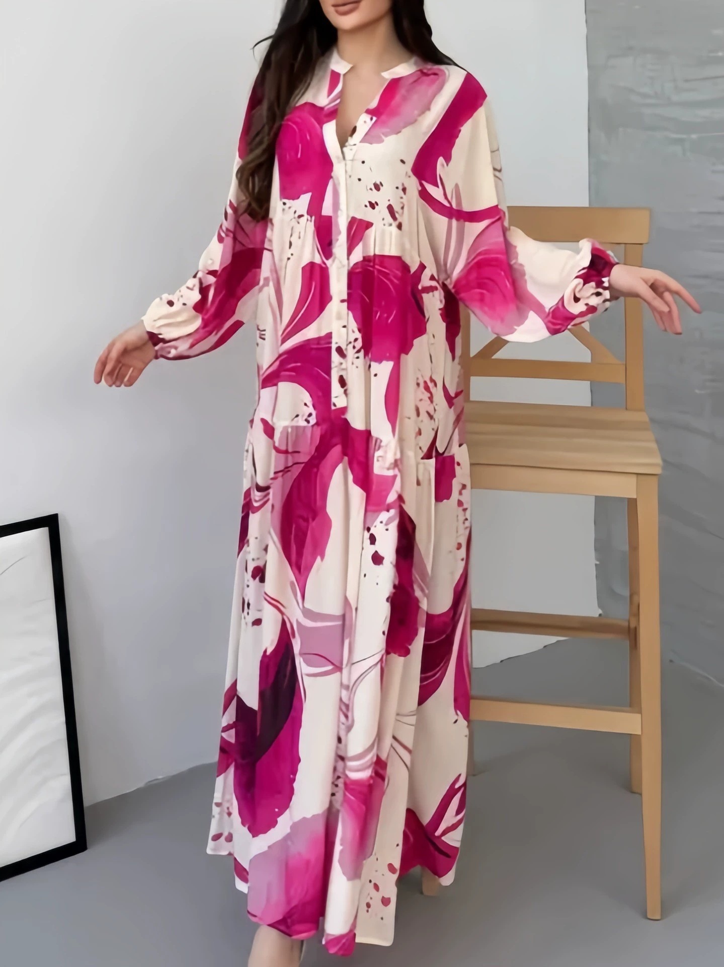 Printed V-Neck Long-Sleeve Loose Casual Maxi Dress